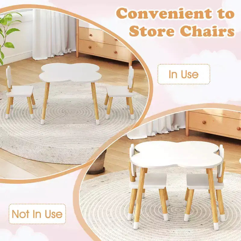 Set Tavolo a Fiori per Bambini Costway con 2 Sedie a Misura di Bambino, Gambe in Legno Massello di Pino Rosa/Bianco