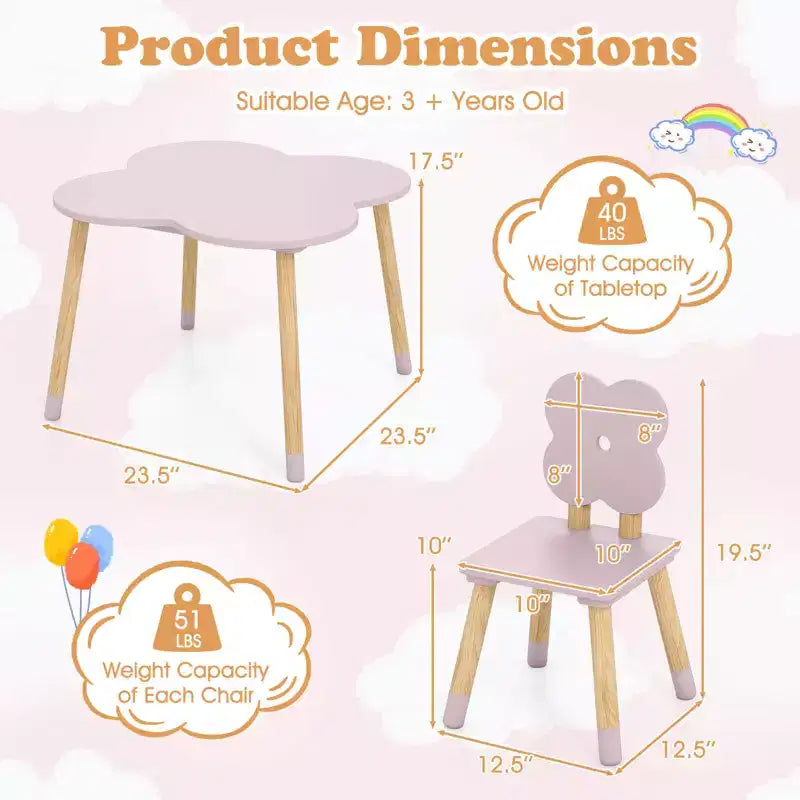 Set Tavolo a Fiori per Bambini Costway con 2 Sedie a Misura di Bambino, Gambe in Legno Massello di Pino Rosa/Bianco