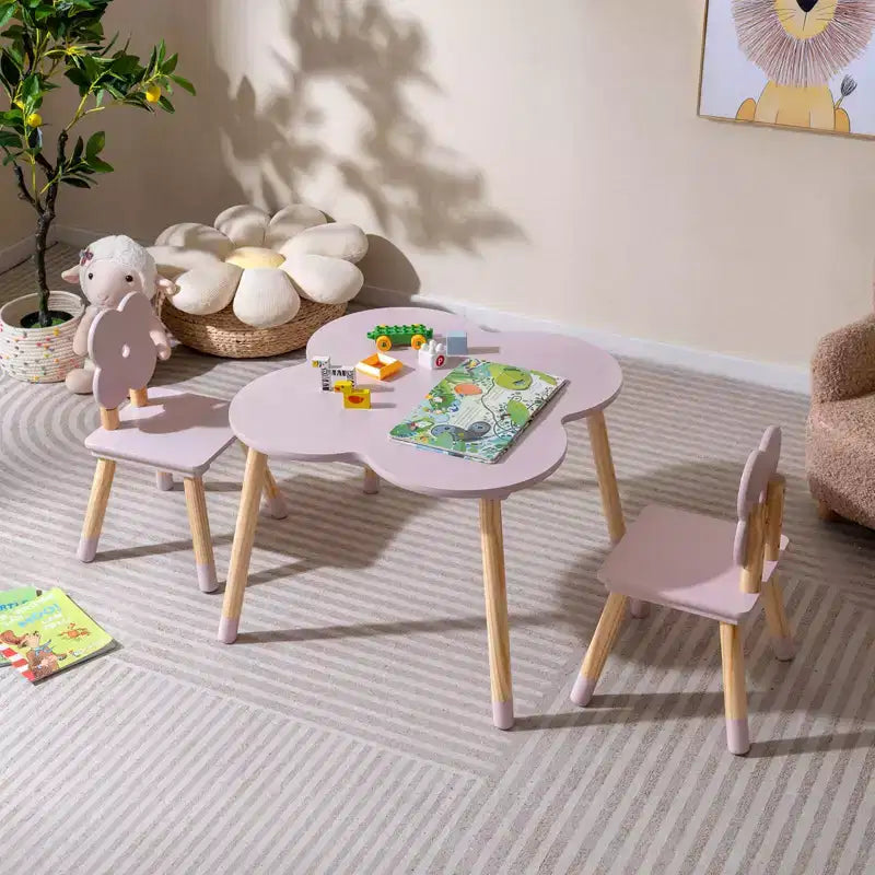 Set Tavolo a Fiori per Bambini Costway con 2 Sedie a Misura di Bambino, Gambe in Legno Massello di Pino Rosa/Bianco