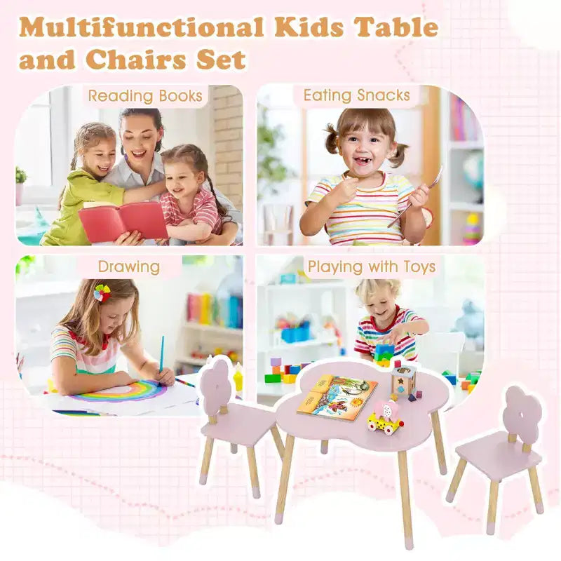 Set Tavolo a Fiori per Bambini Costway con 2 Sedie a Misura di Bambino, Gambe in Legno Massello di Pino Rosa/Bianco