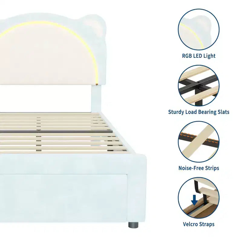 Struttura letto singolo, imbottita a piattaforma con testiera regolabile e LED smart, supporto a doghe in legno, nessun materasso a molle richiesto.