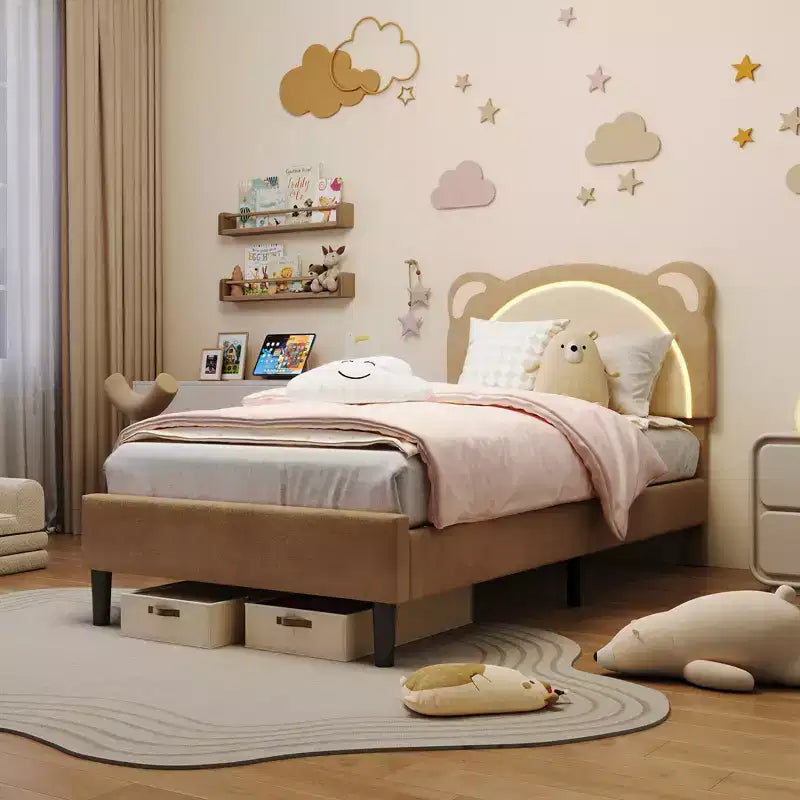 Struttura letto singolo, imbottita a piattaforma con testiera regolabile e LED smart, supporto a doghe in legno, nessun materasso a molle richiesto.