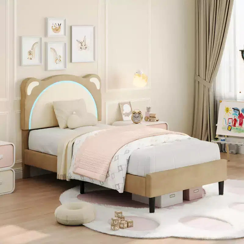 Struttura letto singolo, imbottita a piattaforma con testiera regolabile e LED smart, supporto a doghe in legno, nessun materasso a molle richiesto.