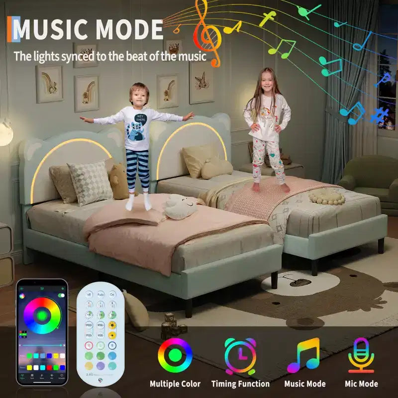 Struttura letto singolo, imbottita a piattaforma con testiera regolabile e LED smart, supporto a doghe in legno, nessun materasso a molle richiesto.