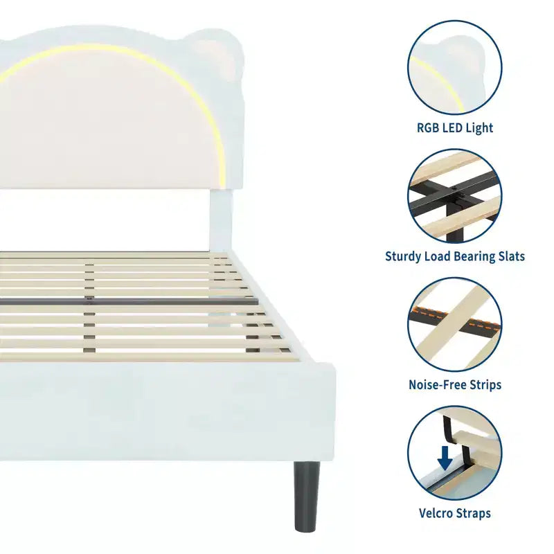 Struttura letto singolo, imbottita a piattaforma con testiera regolabile e LED smart, supporto a doghe in legno, nessun materasso a molle richiesto.