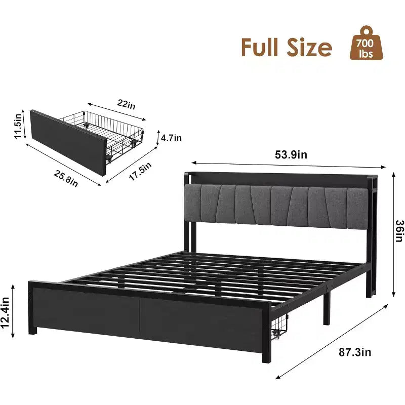 Struttura letto con testiera contenitore, letto a piattaforma matrimoniale con 2 ampi cassetti e stazione di ricarica, stile industriale, non è necessario il materasso a molle.