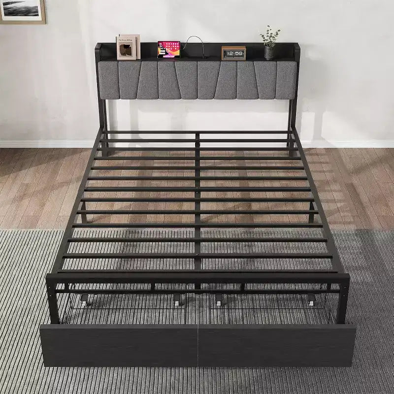 Struttura letto con testiera contenitore, letto a piattaforma matrimoniale con 2 ampi cassetti e stazione di ricarica, stile industriale, non è necessario il materasso a molle.