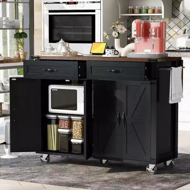 Okak Isola Cucina con Presa Elettrica e Ribalta, Tavolo Isola Cucina con Portaspezie, Ante e Cassetti, Isola Cucina con Ruote per la Casa