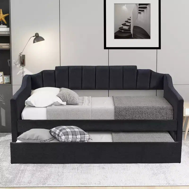 Divano Letto Estraibile Imbottito con Rotelle, Struttura Divano Letto Singolo per Camera da Letto, Nero