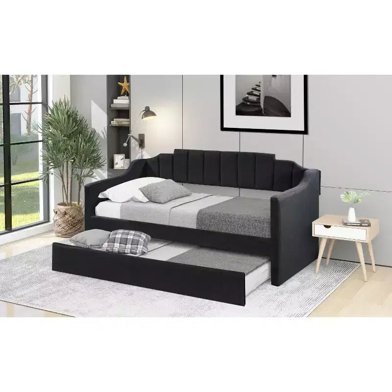 Divano Letto Estraibile Imbottito con Rotelle, Struttura Divano Letto Singolo per Camera da Letto, Nero
