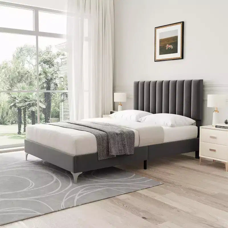 Struttura letto a piattaforma con testiera imbottita regolabile, supporto per carichi pesanti, doghe in legno silenziose, non necessita di rete a molle, facile da montare, grigio