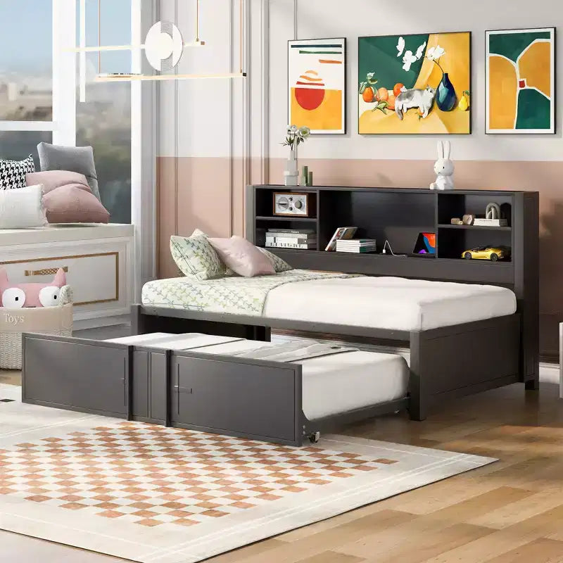 Letto a giorno in metallo singolo con testiera libreria, letto a giorno con letto estraibile e porte USB, letto a giorno Captain's con ripiani portaoggetti