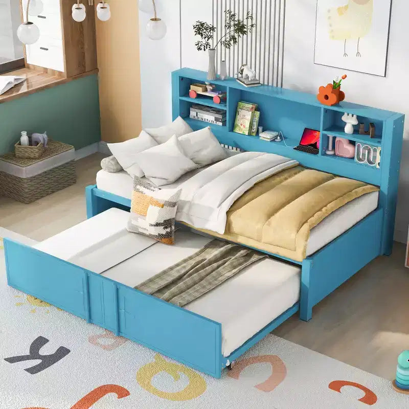 Letto a giorno in metallo singolo con testiera libreria, letto a giorno con letto estraibile e porte USB, letto a giorno Captain's con ripiani portaoggetti