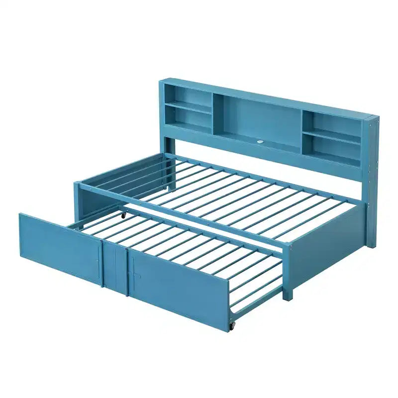 Letto a giorno in metallo singolo con testiera libreria, letto a giorno con letto estraibile e porte USB, letto a giorno Captain's con ripiani portaoggetti