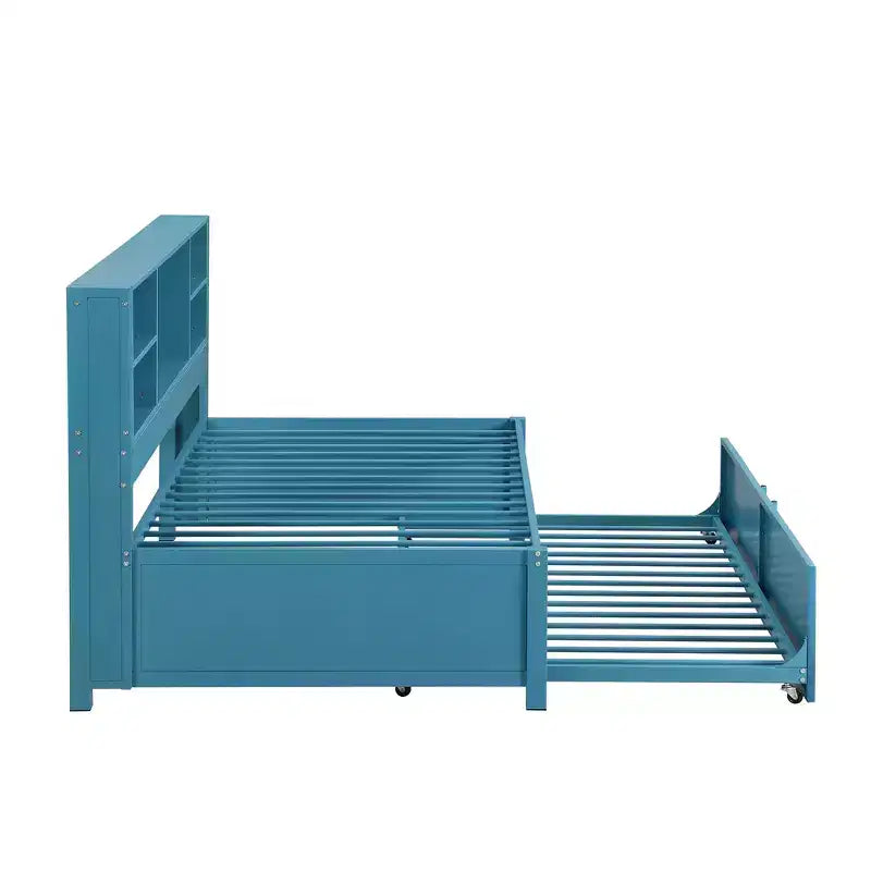 Letto a giorno in metallo singolo con testiera libreria, letto a giorno con letto estraibile e porte USB, letto a giorno Captain's con ripiani portaoggetti