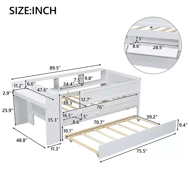 Letto a giorno in metallo singolo con testiera libreria, letto a giorno con letto estraibile e porte USB, letto a giorno Captain's con ripiani portaoggetti