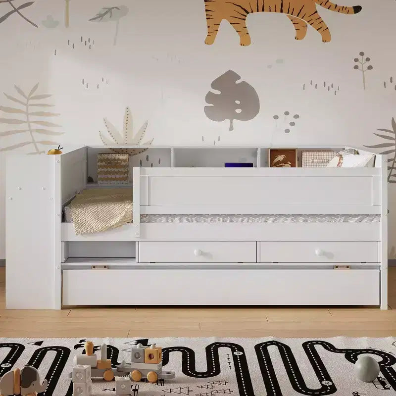 Letto a giorno in metallo singolo con testiera libreria, letto a giorno con letto estraibile e porte USB, letto a giorno Captain's con ripiani portaoggetti