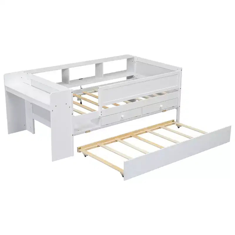 Letto a giorno in metallo singolo con testiera libreria, letto a giorno con letto estraibile e porte USB, letto a giorno Captain's con ripiani portaoggetti