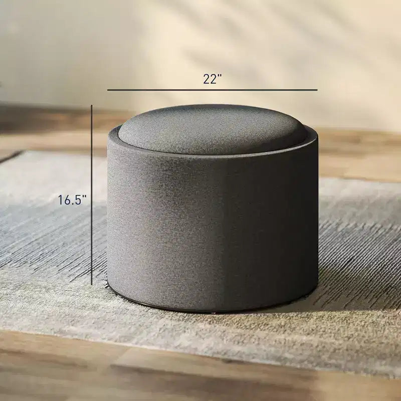 Pouf/Tavolino rotondo contenitore con vassoio ribaltabile, poggiapiedi rivestito in tessuto di lino con scomparto segreto