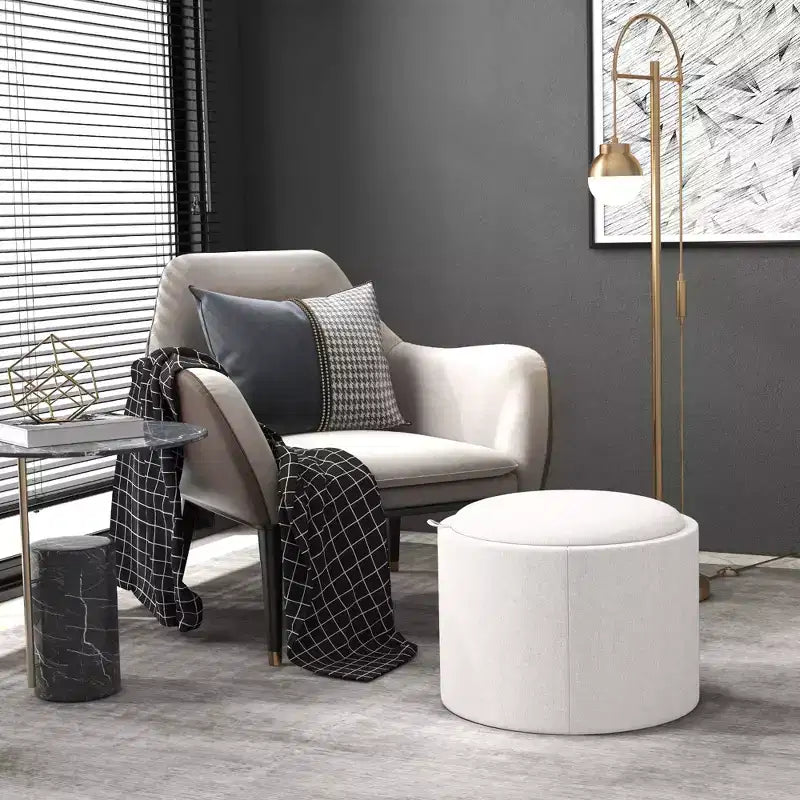 Pouf/Tavolino rotondo contenitore con vassoio ribaltabile, poggiapiedi rivestito in tessuto di lino con scomparto segreto