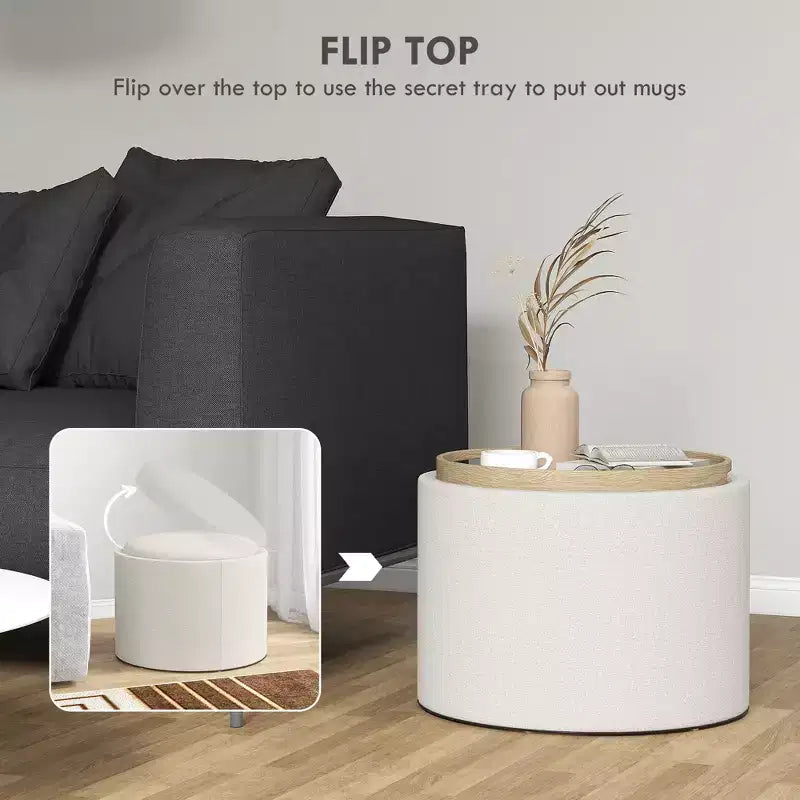 Pouf/Tavolino rotondo contenitore con vassoio ribaltabile, poggiapiedi rivestito in tessuto di lino con scomparto segreto