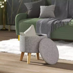 Pouf Ottomano Rotondo con Contenitore, Poggiapiedi Imbottito in Lino con Seduta Imbottita, Spazio Nascosto e Gambe in Legno