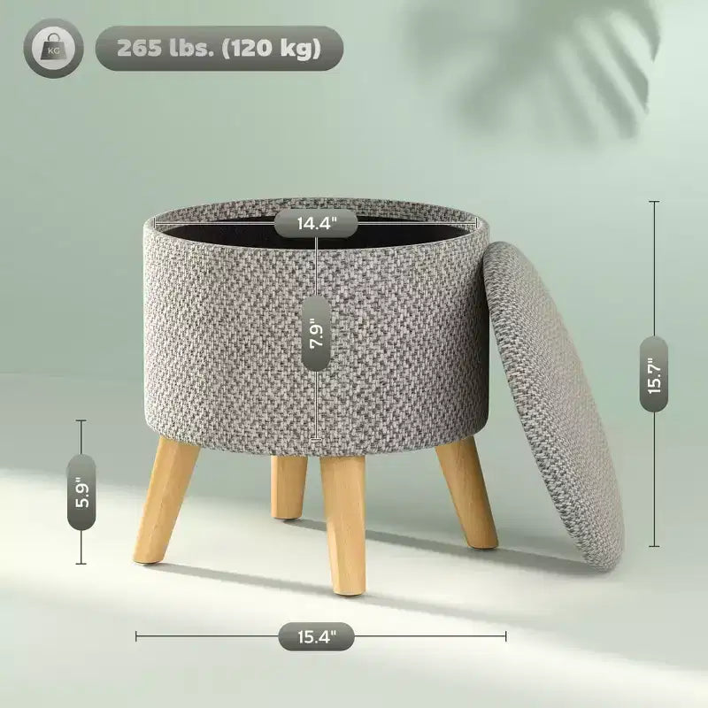 Pouf Ottomano Rotondo con Contenitore, Poggiapiedi Imbottito in Lino con Seduta Imbottita, Spazio Nascosto e Gambe in Legno