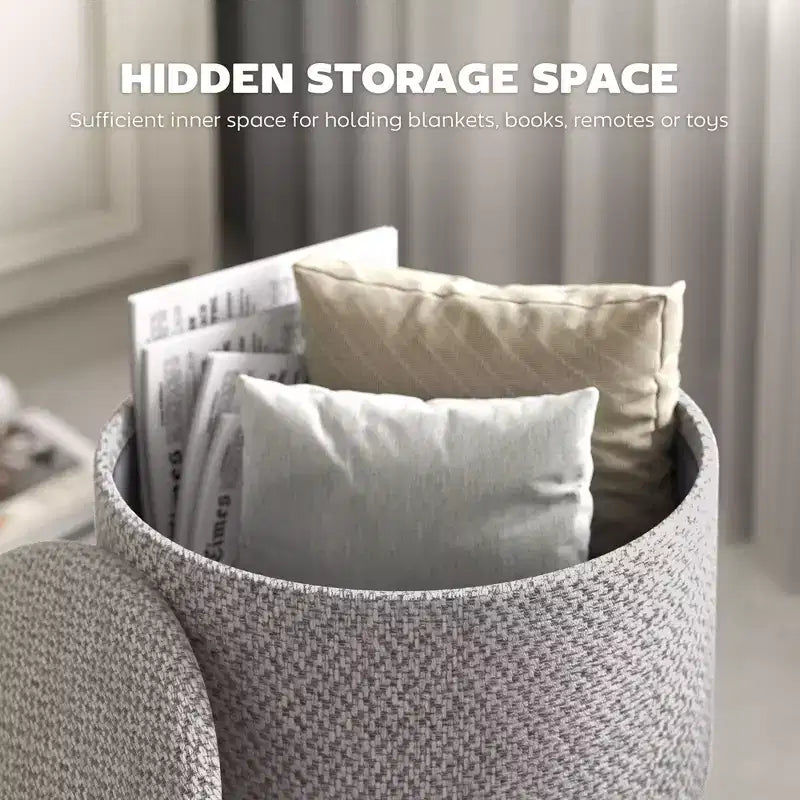 Pouf Ottomano Rotondo con Contenitore, Poggiapiedi Imbottito in Lino con Seduta Imbottita, Spazio Nascosto e Gambe in Legno
