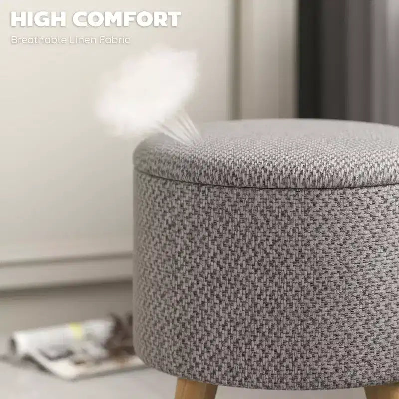 Pouf Ottomano Rotondo con Contenitore, Poggiapiedi Imbottito in Lino con Seduta Imbottita, Spazio Nascosto e Gambe in Legno