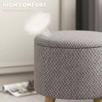 Pouf Ottomano Rotondo con Contenitore, Poggiapiedi Imbottito in Lino con Seduta Imbottita, Spazio Nascosto e Gambe in Legno