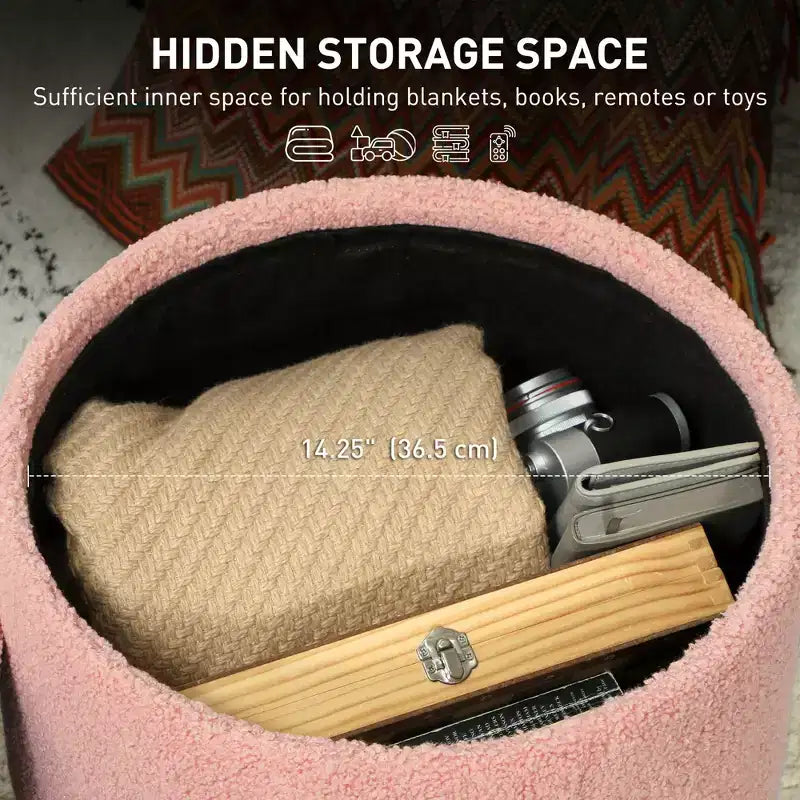 Pouf Ottomano Rotondo con Contenitore, Poggiapiedi Imbottito in Lino con Seduta Imbottita, Spazio Nascosto e Gambe in Legno