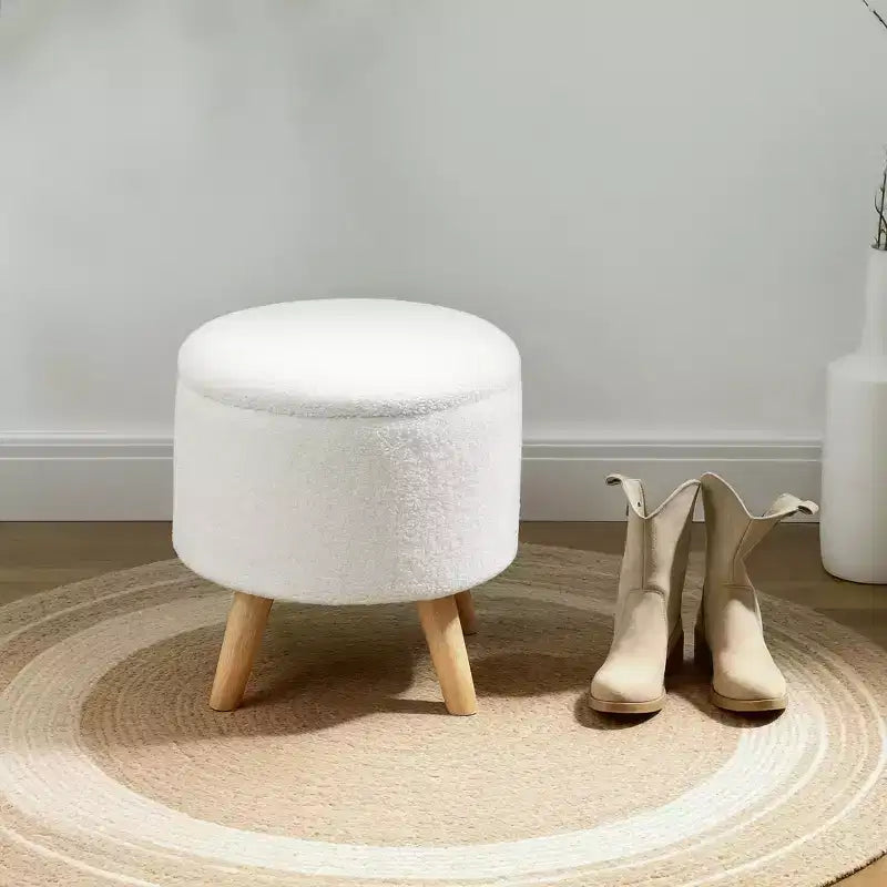 Pouf Ottomano Rotondo con Contenitore, Poggiapiedi Imbottito in Lino con Seduta Imbottita, Spazio Nascosto e Gambe in Legno