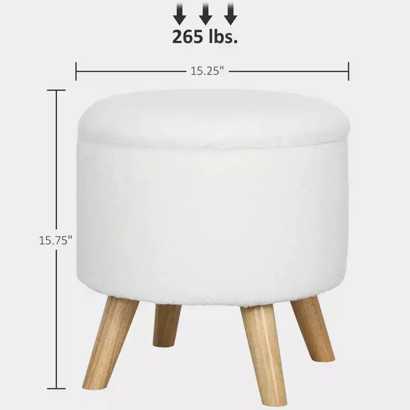 Pouf Ottomano Rotondo con Contenitore, Poggiapiedi Imbottito in Lino con Seduta Imbottita, Spazio Nascosto e Gambe in Legno