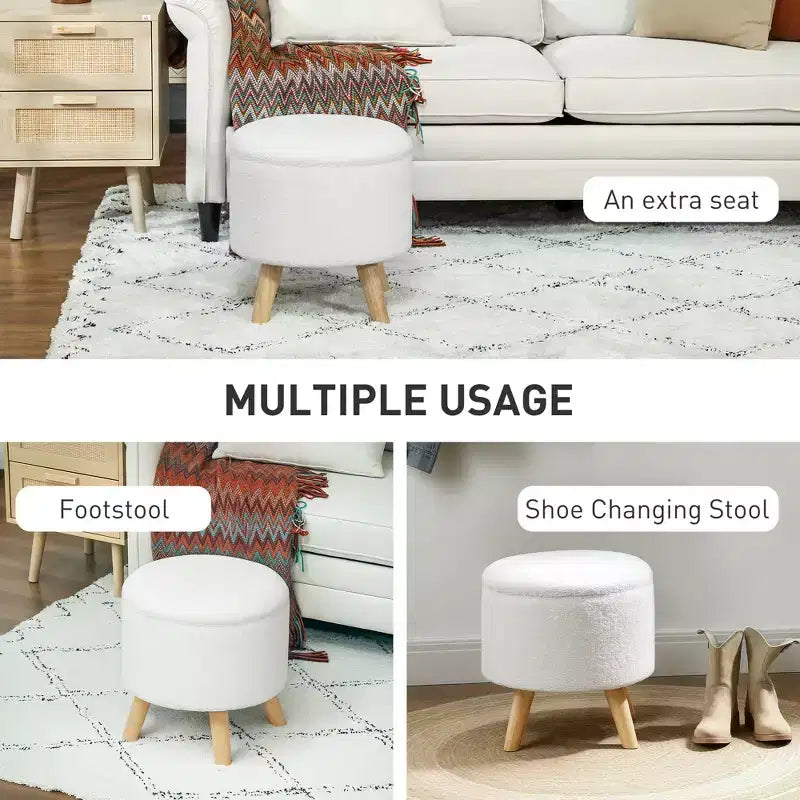 Pouf Ottomano Rotondo con Contenitore, Poggiapiedi Imbottito in Lino con Seduta Imbottita, Spazio Nascosto e Gambe in Legno