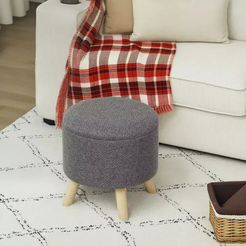 Pouf Ottomano Rotondo con Contenitore, Poggiapiedi Imbottito in Lino con Seduta Imbottita, Spazio Nascosto e Gambe in Legno