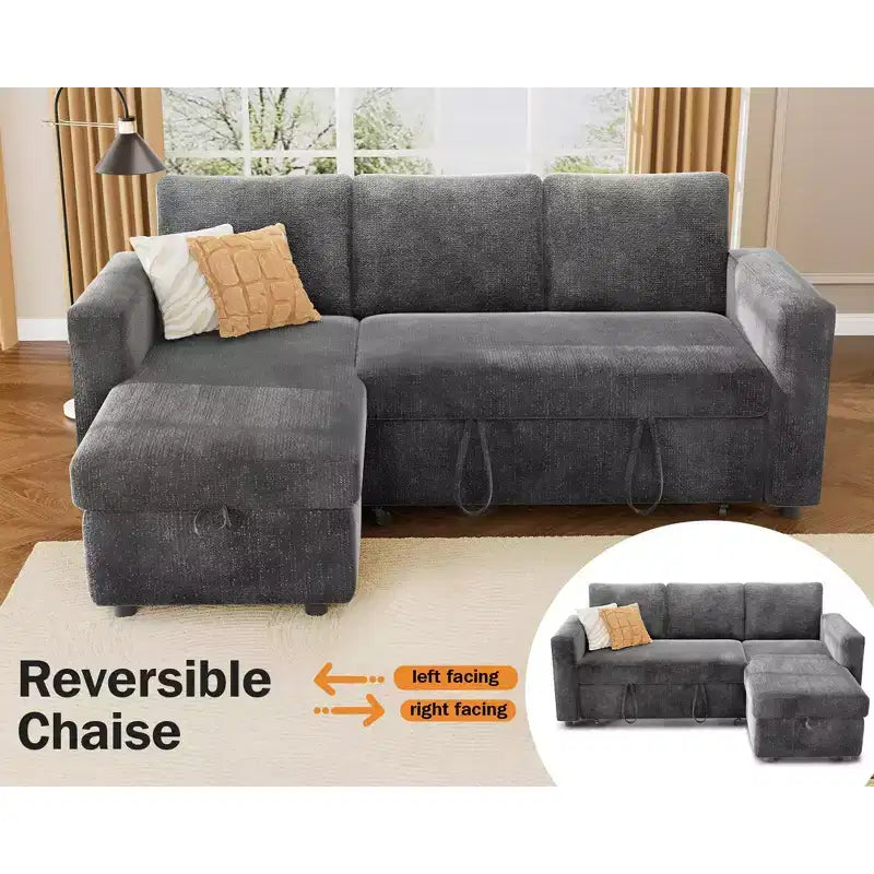 Divano letto angolare a L Dyonery 81, divano sezionale in ciniglia con letto estraibile, schienale reclinabile, chaise longue con contenitore, porte USB