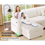 Divano letto angolare a L Dyonery 81, divano sezionale in ciniglia con letto estraibile, schienale reclinabile, chaise longue con contenitore, porte USB