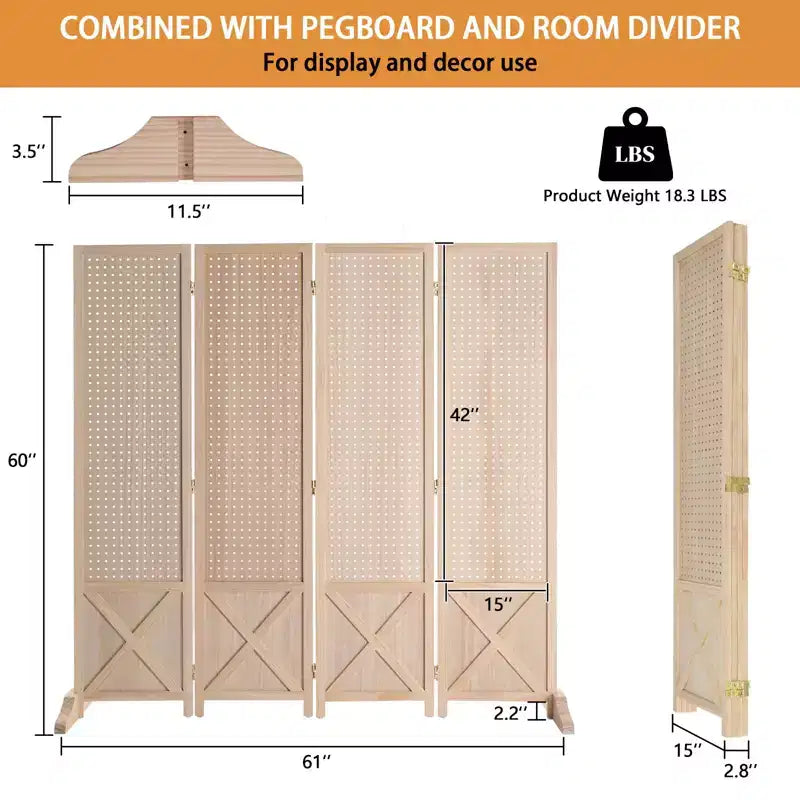 VINGLI Divisorio Autoportante a 4 Pannelli con Piedini, Pannello Espositivo in Legno da 1,5 m, Separatore di Spazi per Fiere Artigianali e Negozi (Naturale)