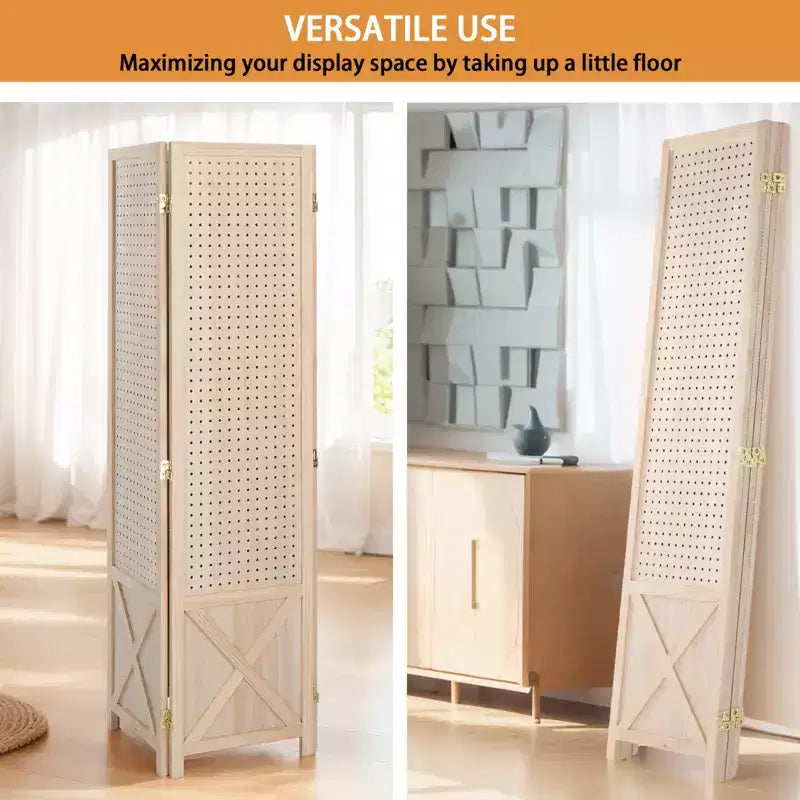 VINGLI Divisorio Autoportante a 4 Pannelli con Piedini, Pannello Espositivo in Legno da 1,5 m, Separatore di Spazi per Fiere Artigianali e Negozi (Naturale)