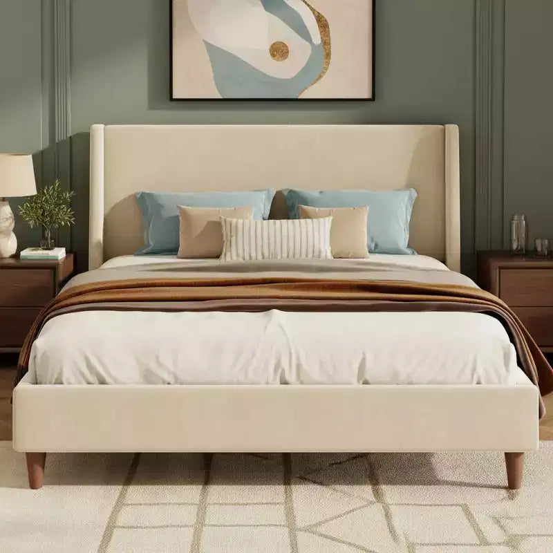 Letto a piattaforma moderno imbottito Merax con testiera alare e gambe in legno di noce