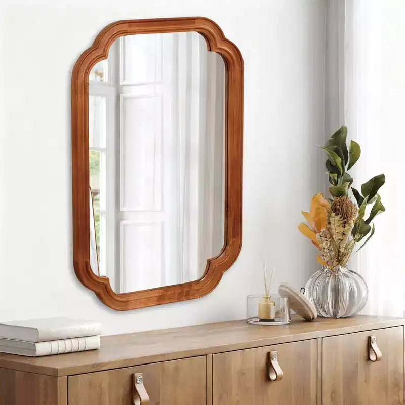 PexFix 24 x 36 Specchio decorativo con cornice in legno massello ad angoli arrotondati, specchio da parete moderno in stile rustico per camera da letto, bagno, soggiorno, ingresso, marrone
