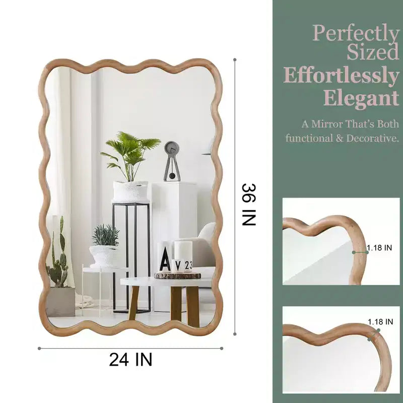 PexFix 24 x 36 Specchio decorativo rettangolare ondulato con cornice in legno massello, specchio da parete moderno stile Farmhouse per camera da letto, bagno, soggiorno, ingresso, legno naturale