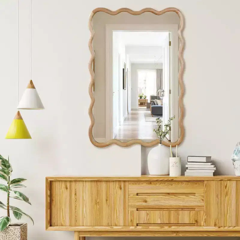 PexFix 24 x 36 Specchio decorativo rettangolare ondulato con cornice in legno massello, specchio da parete moderno stile Farmhouse per camera da letto, bagno, soggiorno, ingresso, legno naturale