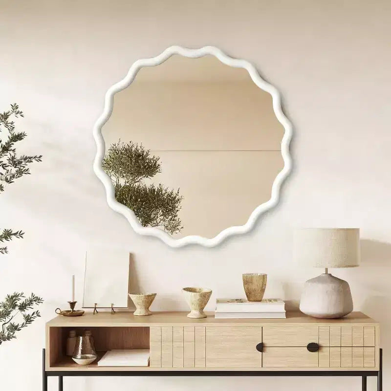 PexFix Specchio Decorativo da Parete con Cornice Rotonda Ondulata in Legno Massello, 36 Pollici, Stile Moderno Rustico per Camera da Letto, Bagno, Soggiorno, Ingresso, Bianco