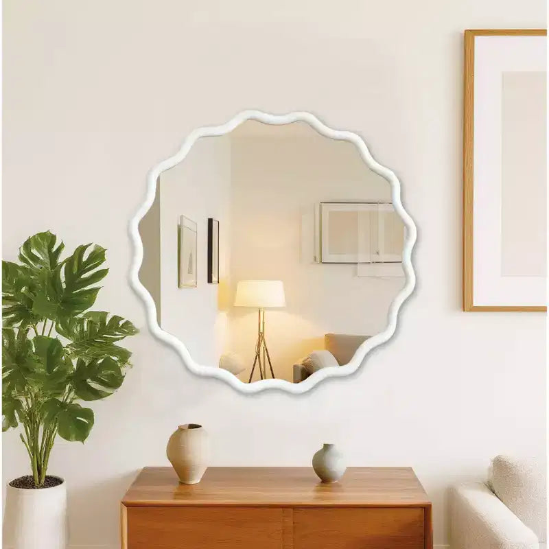 PexFix Specchio Decorativo da Parete con Cornice Rotonda Ondulata in Legno Massello, 36 Pollici, Stile Moderno Rustico per Camera da Letto, Bagno, Soggiorno, Ingresso, Bianco
