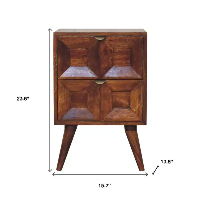 HomeRoots 24 comodino quadrato intagliato geometrico con due cassetti in legno massello color castagno