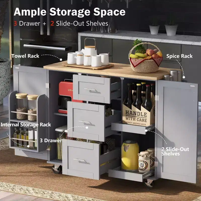 Okak Isola da Cucina con Piano in Legno di Gomma, Isola da Cucina con Ruote e 2 Ripiani Estraibili e Scaffale Interno, Carrello da Cucina con Porta Spezie