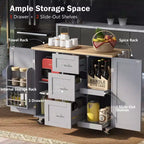 Okak Isola da Cucina con Piano in Legno di Gomma, Isola da Cucina con Ruote e 2 Ripiani Estraibili e Scaffale Interno, Carrello da Cucina con Porta Spezie