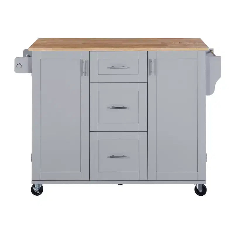 Okak Isola da Cucina con Piano in Legno di Gomma, Isola da Cucina con Ruote e 2 Ripiani Estraibili e Scaffale Interno, Carrello da Cucina con Porta Spezie