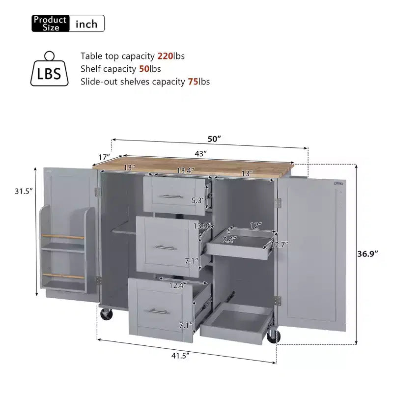 Okak Isola da Cucina con Piano in Legno di Gomma, Isola da Cucina con Ruote e 2 Ripiani Estraibili e Scaffale Interno, Carrello da Cucina con Porta Spezie